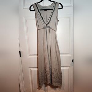 A Common Thread Stretchy Taupe Sleeveless Belted Beaded Embroidered Midi Dress M